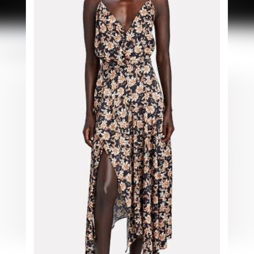 Acler Vales Floral Double Slit Satin Slip Midi Dress Size 6 Handkerchief Hem